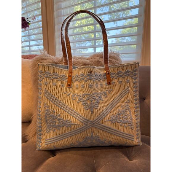 Women's Knitted Textured Tote Bag with Crochet Design Blue | SAME DAY SHIP - Picture 1 of 4